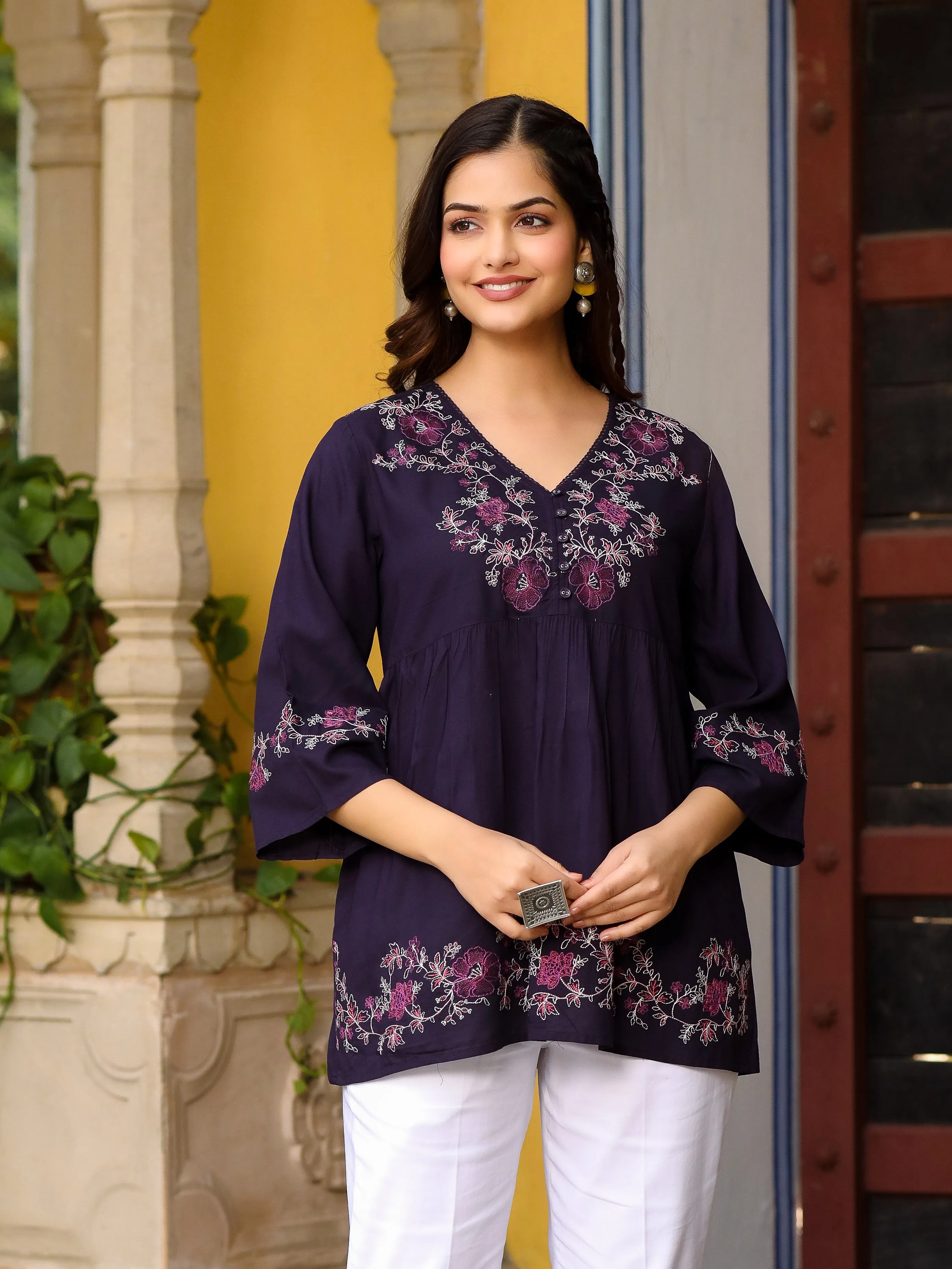 Juniper Purple Modal Rayon Alia-Cut Embroidered Tunic