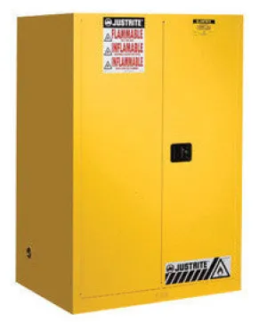 Justrite 44" X 43" X 18" Yellow 30 Gallon Sure-Grip EX Safety Cabinet For Flammables With 2 Manual Doors And 1 Shelf