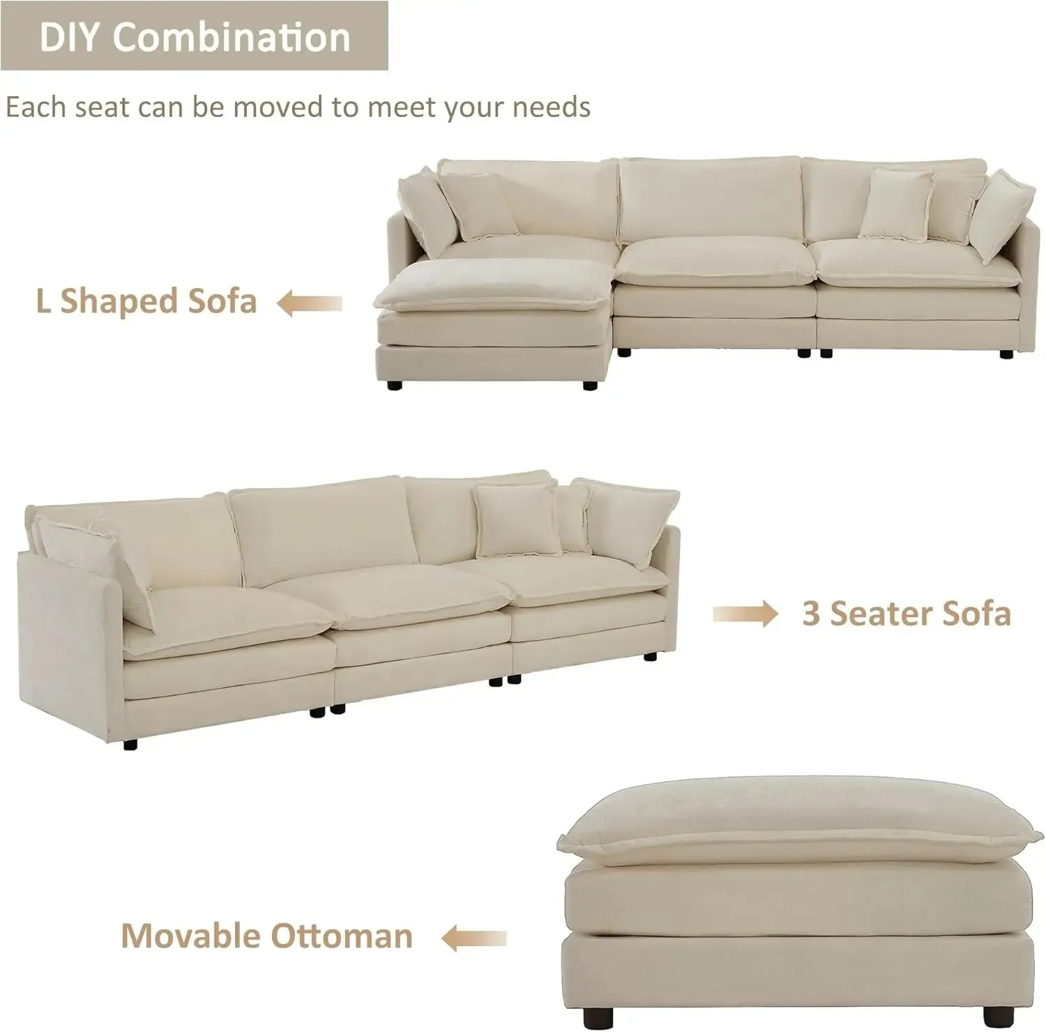 Modular Sectional Sofa, Convertible Modern L Shaped Sofa Chenille Cloud Couches Set with Ottoman for Living Room