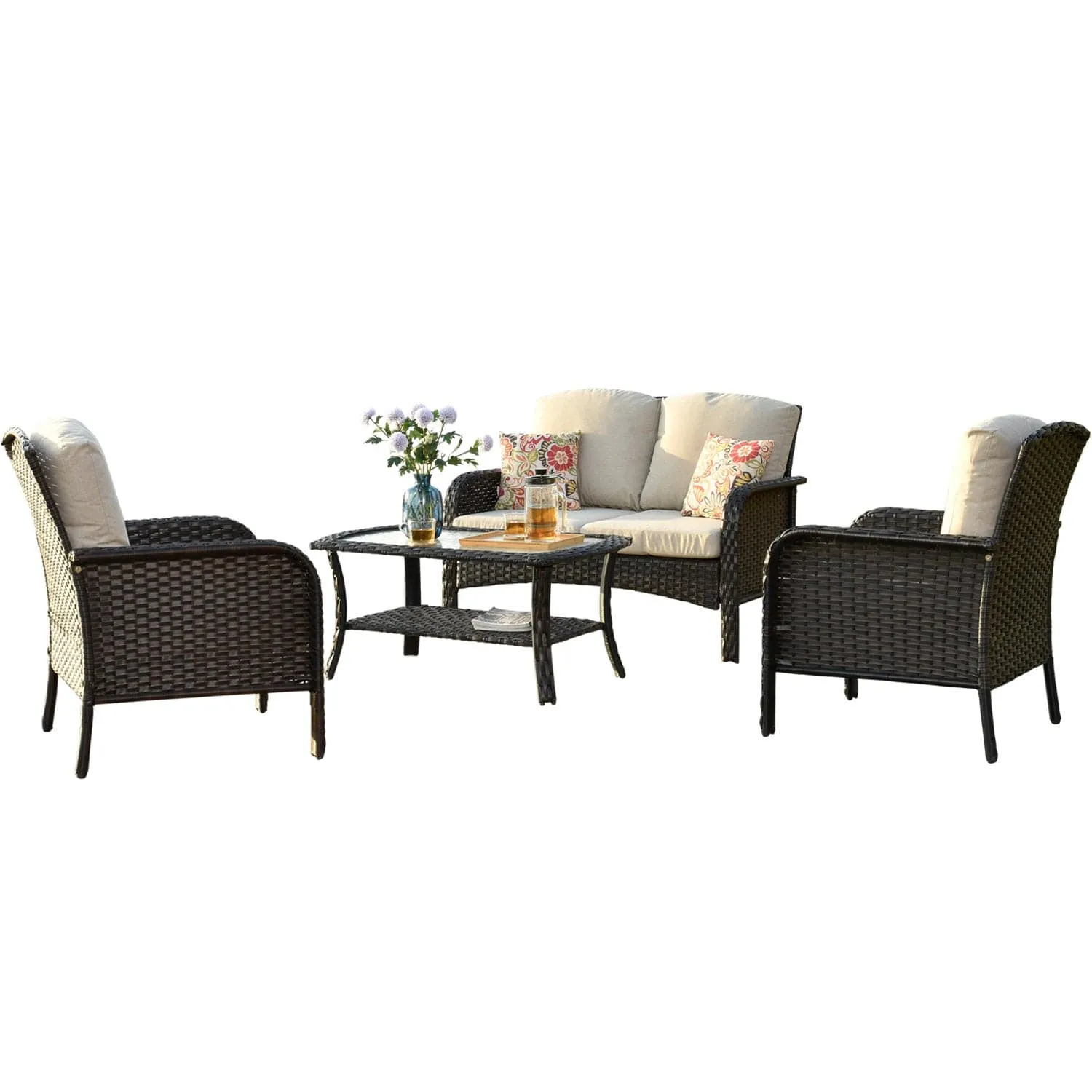 Ovios Outdoor Furniture 4 Piece High Back Brown Wicker with Cushion and Table