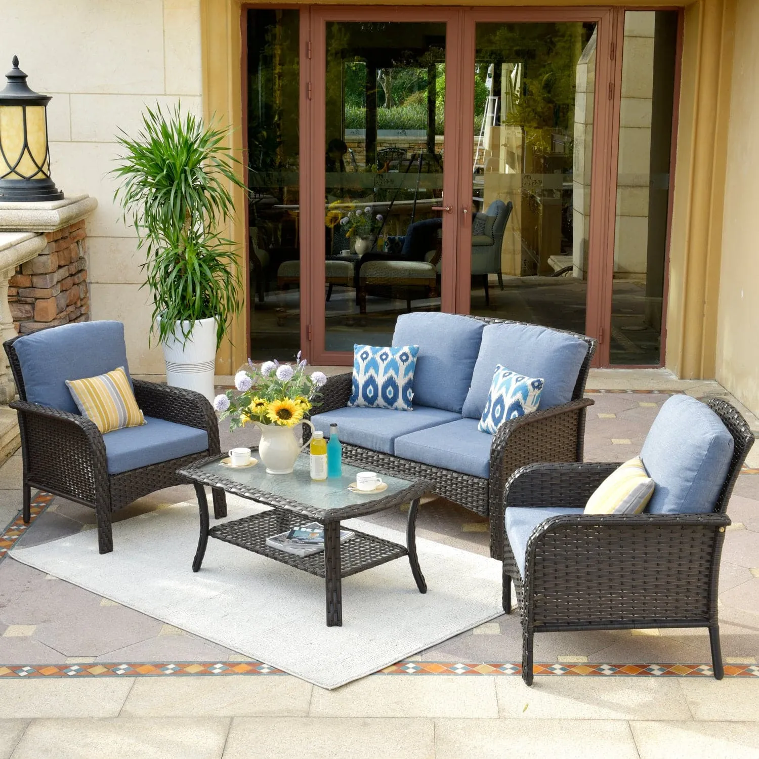 Ovios Outdoor Furniture 4 Piece High Back Brown Wicker with Cushion and Table