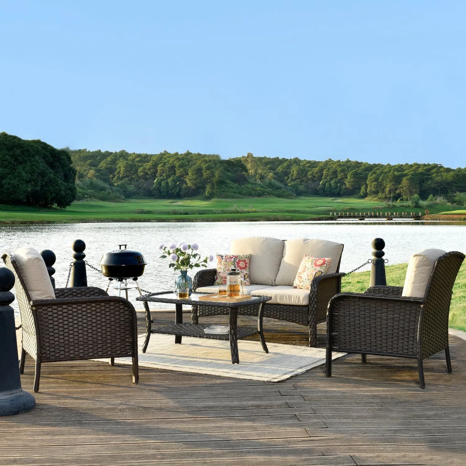 Ovios Outdoor Furniture 4 Piece High Back Brown Wicker with Cushion and Table