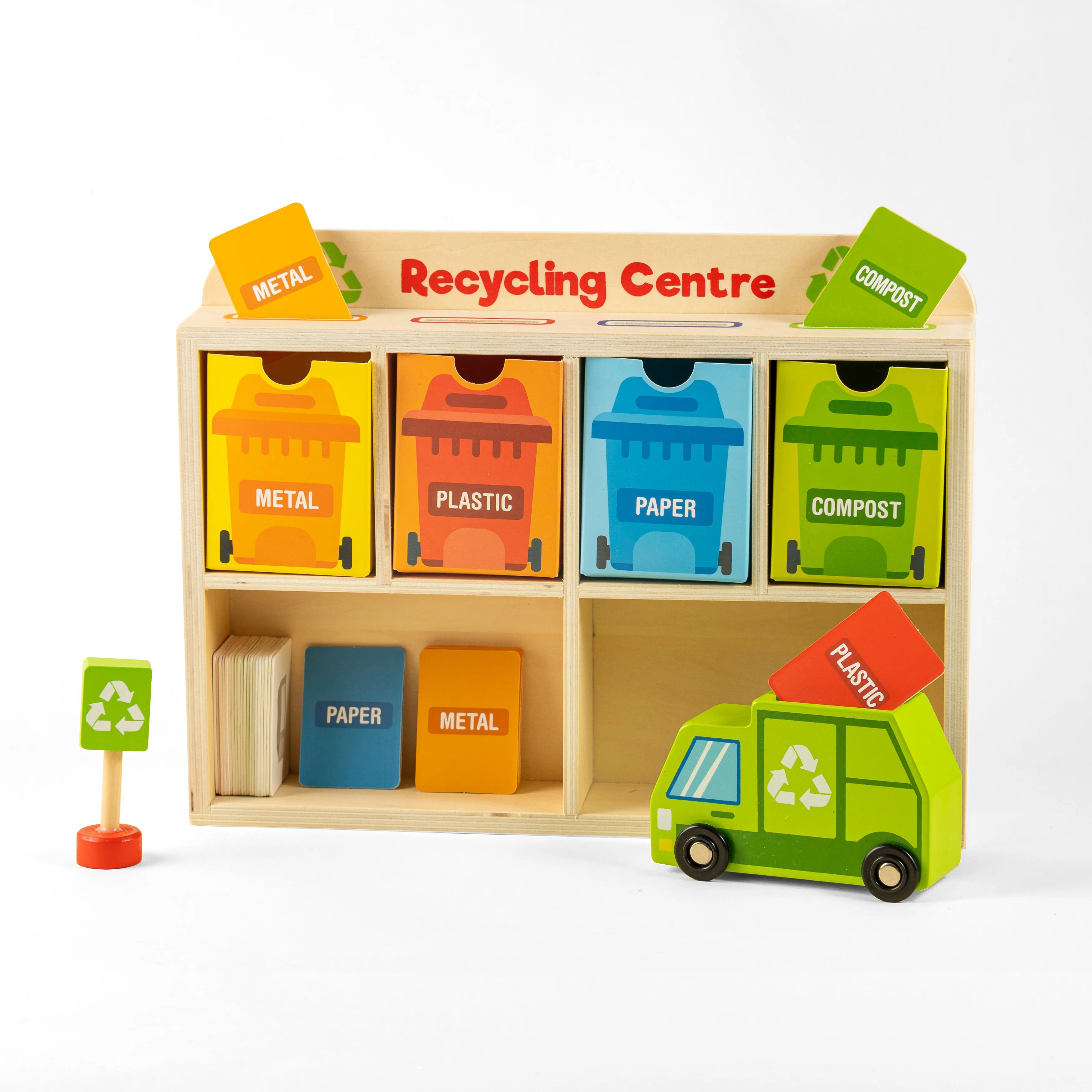 Playbox Wooden Tiny Trash Hub Reduce & Reuse Recycling Green Garbage Truck Toy