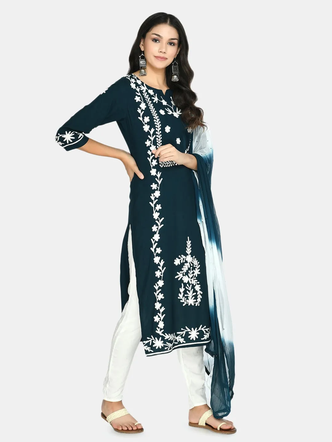 Plus Size Floral Teal Kurta Set with Dupatta