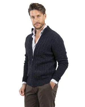 Reclaimed Lambswool Navy Cable Front Full Zip Cardigan