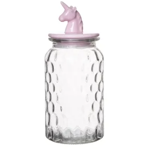 Red Co. Large Food Storage Rain Drop Pattern Glass Jar Canister with Pink Unicorn Shaped Ceramic Airtight Lid, 43.25 Ounces