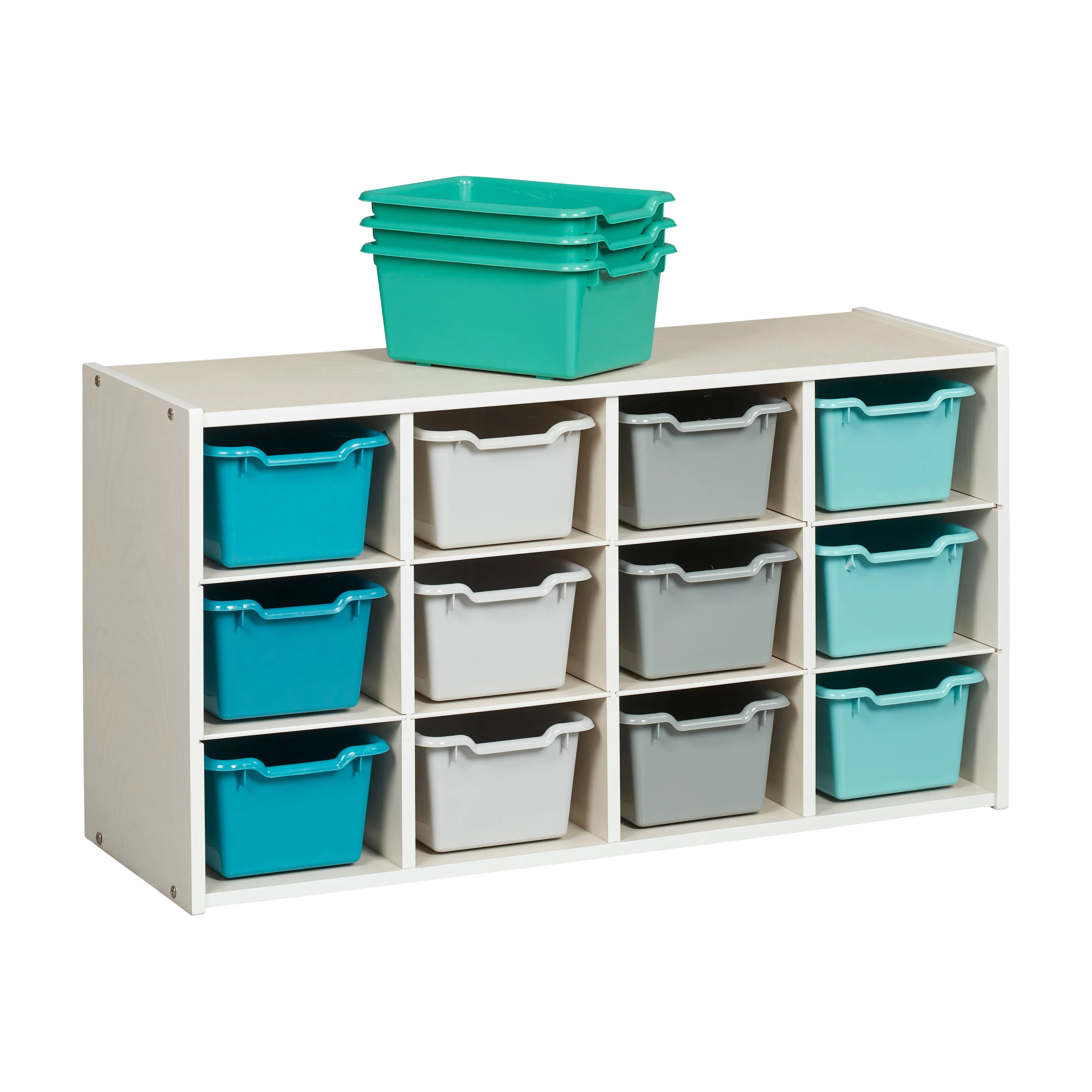 Streamline 12 Cubby Tray Cabinet with Scoop Front Storage Bins, 3x4, White Wash, Classroom Furniture