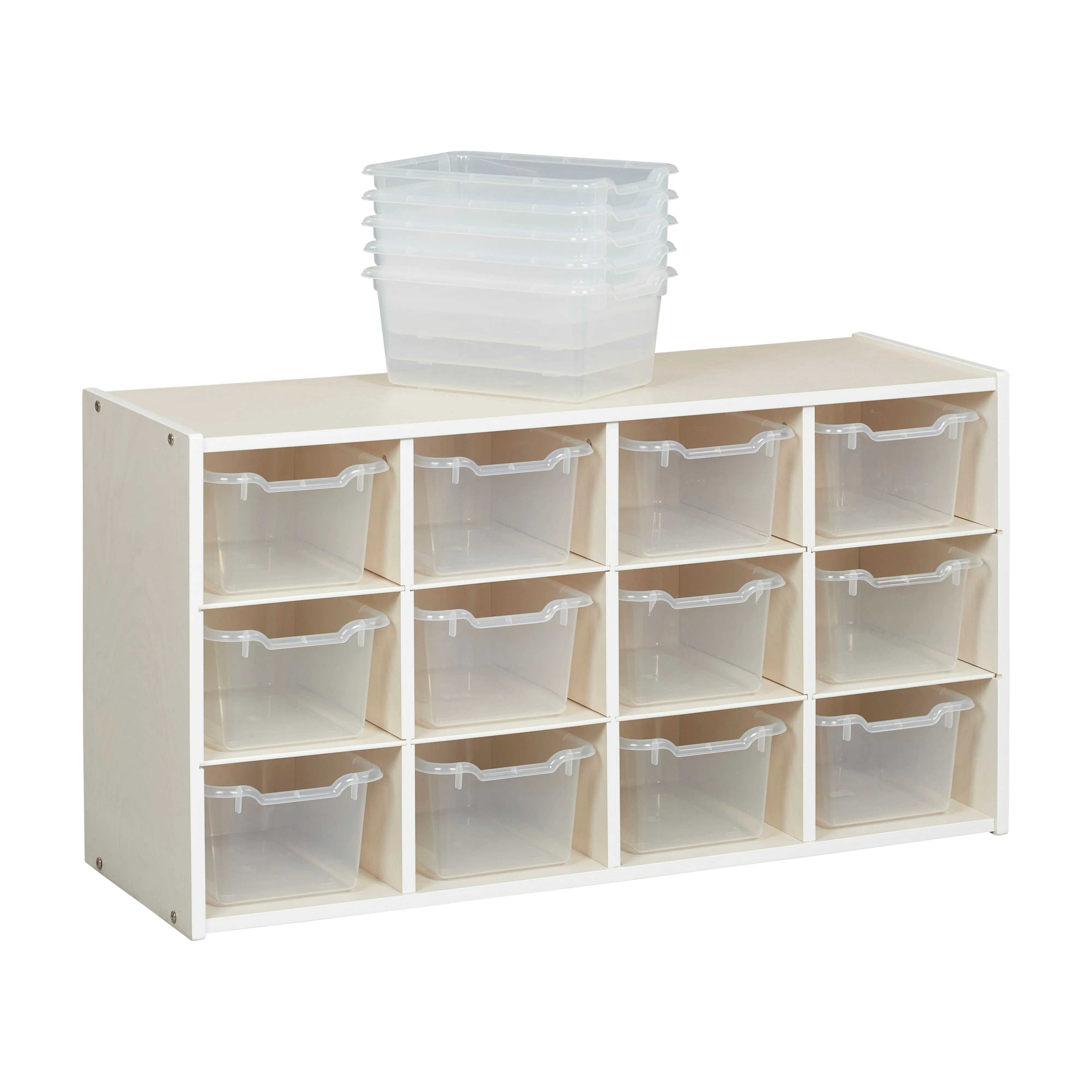 Streamline 12 Cubby Tray Cabinet with Scoop Front Storage Bins, 3x4, White Wash, Classroom Furniture