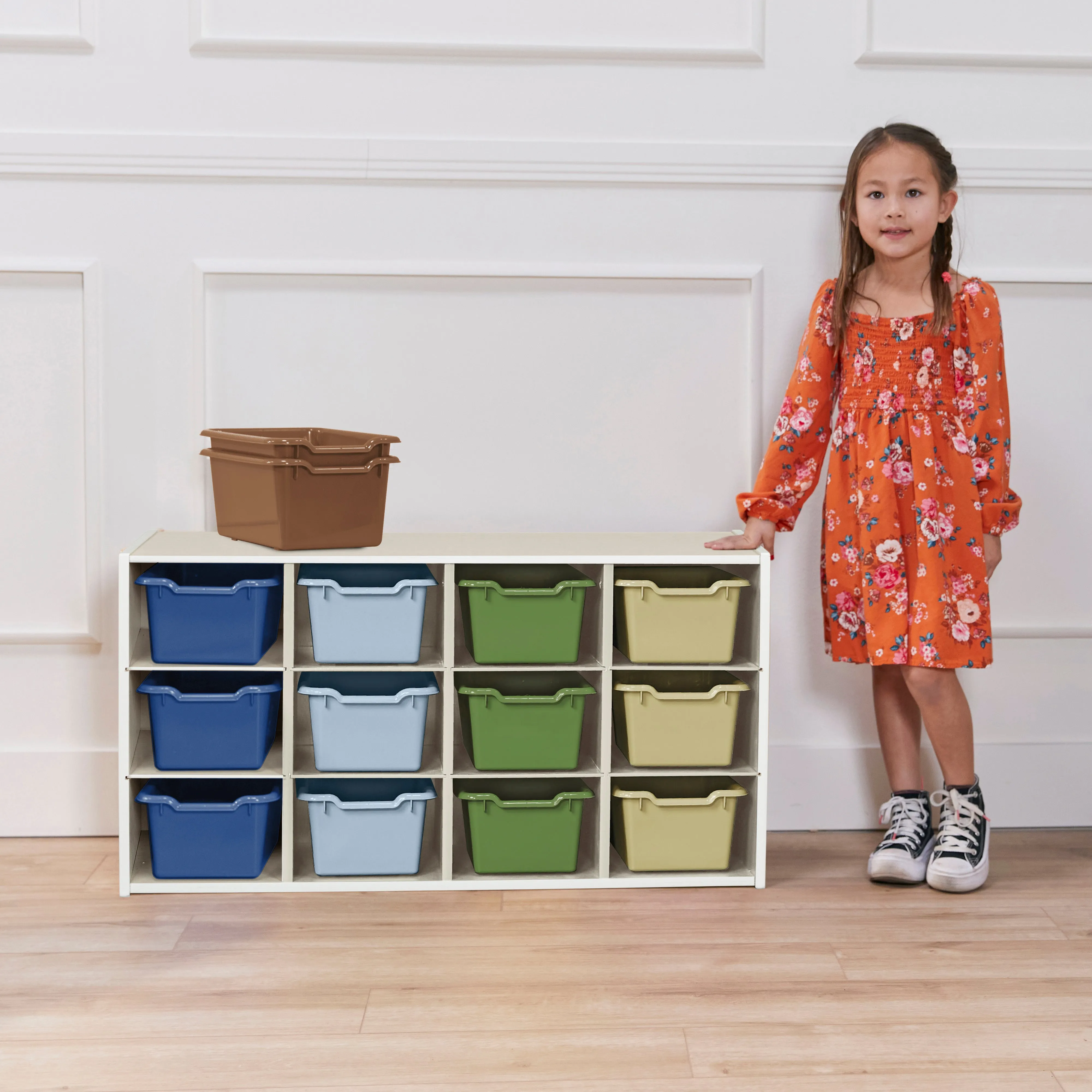 Streamline 12 Cubby Tray Cabinet with Scoop Front Storage Bins, 3x4, White Wash, Classroom Furniture