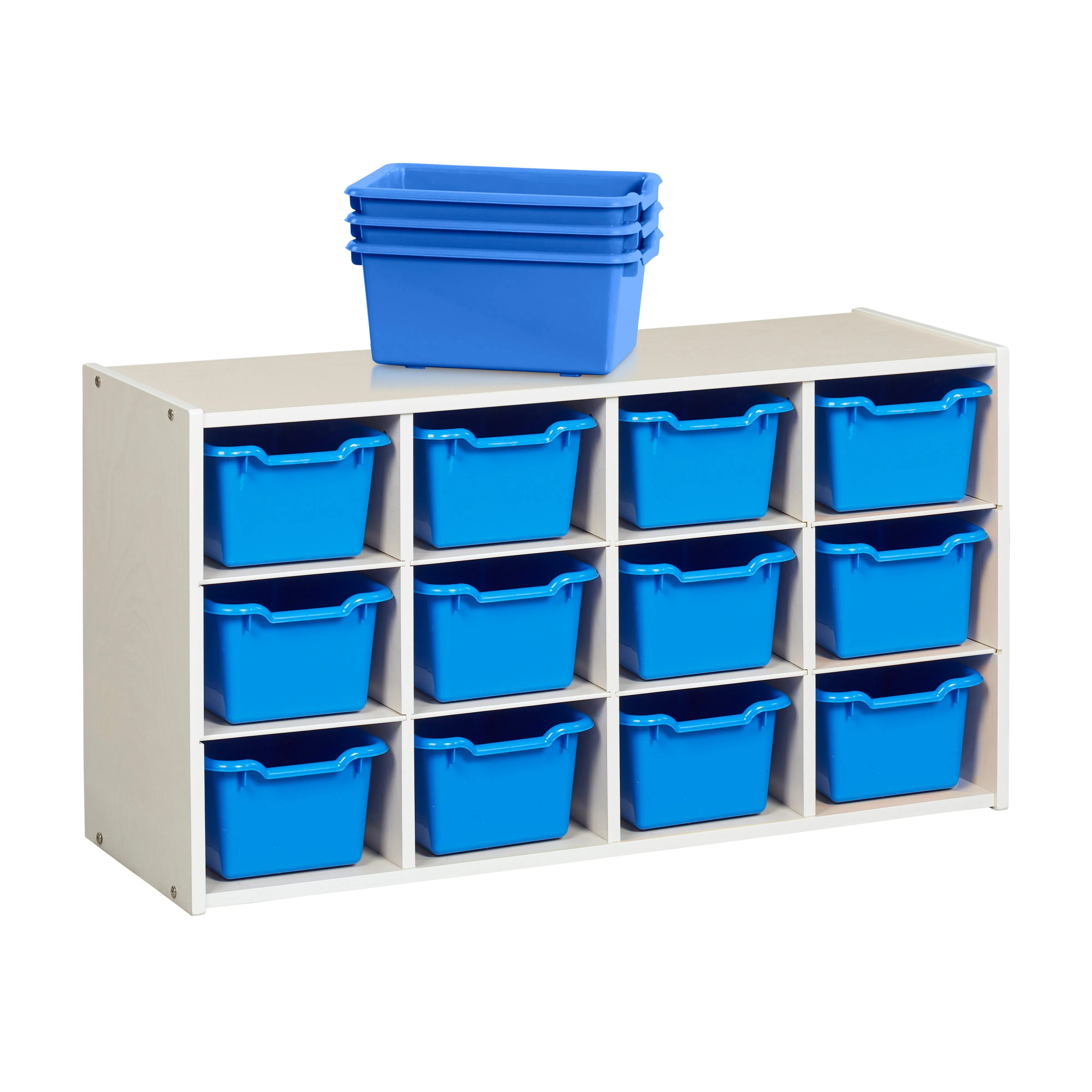 Streamline 12 Cubby Tray Cabinet with Scoop Front Storage Bins, 3x4, White Wash, Classroom Furniture