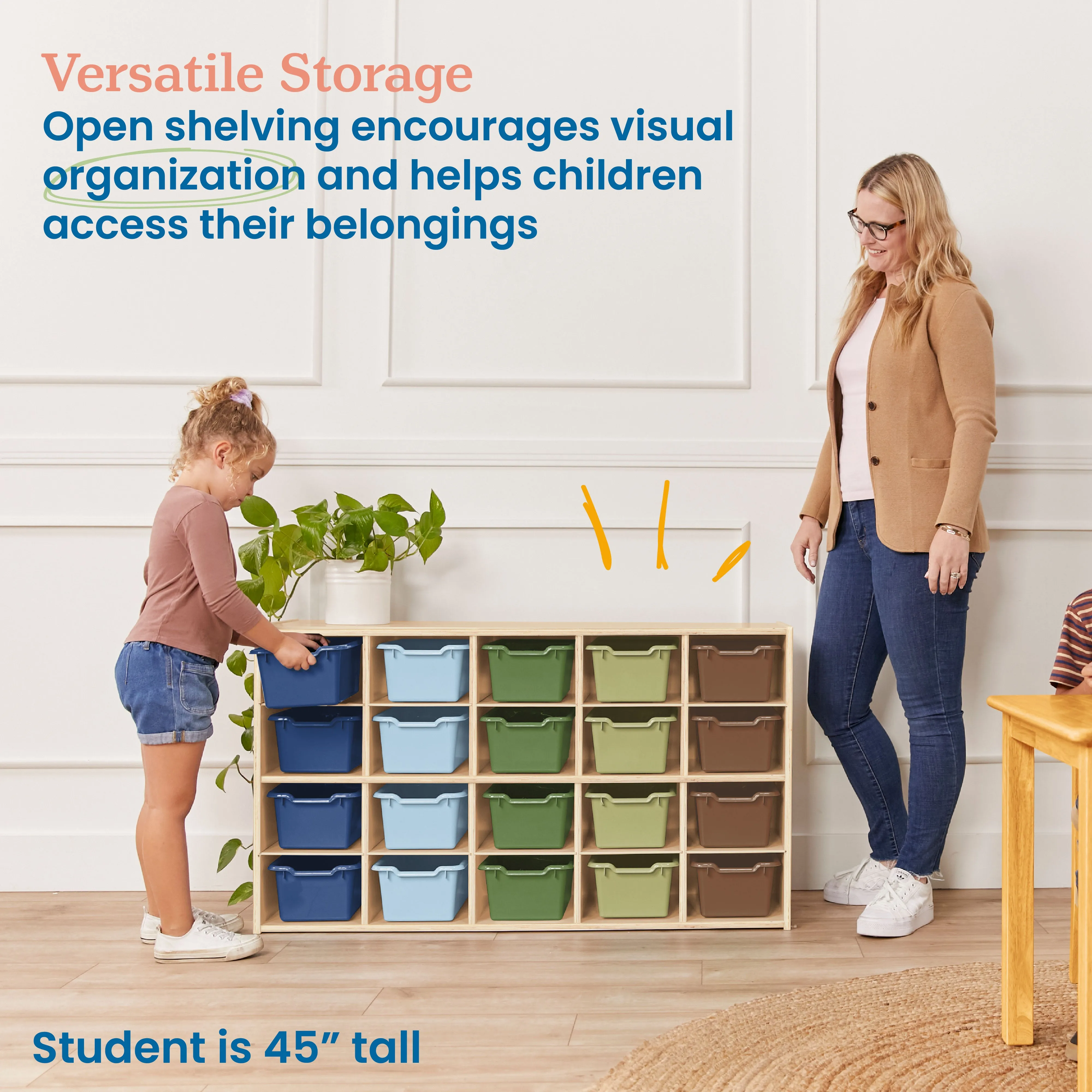 Streamline 20 Cubby Tray Storage Cabinet with Scoop Front Storage Bins, 4x5, Classroom Furniture