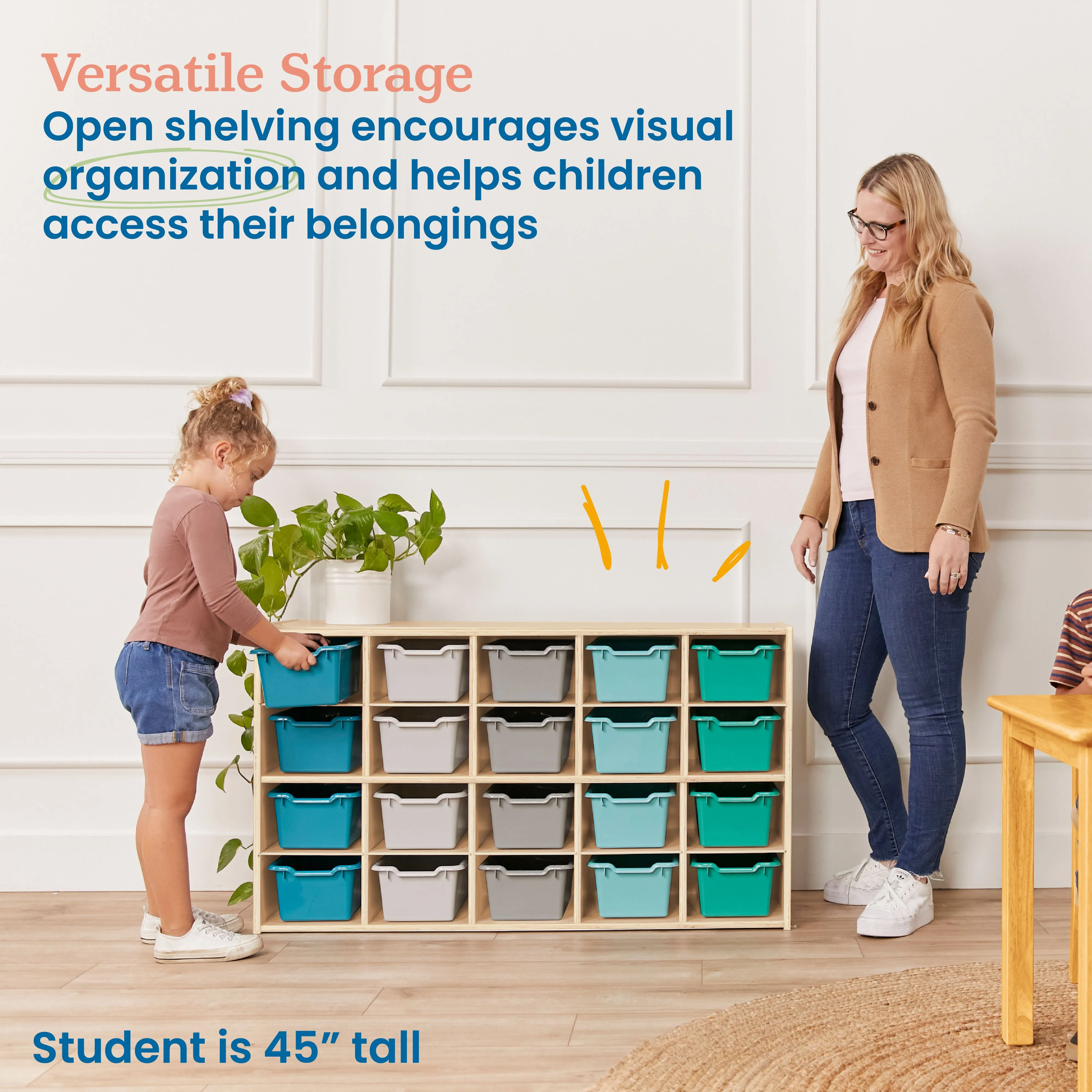 Streamline 20 Cubby Tray Storage Cabinet with Scoop Front Storage Bins, 4x5, Classroom Furniture