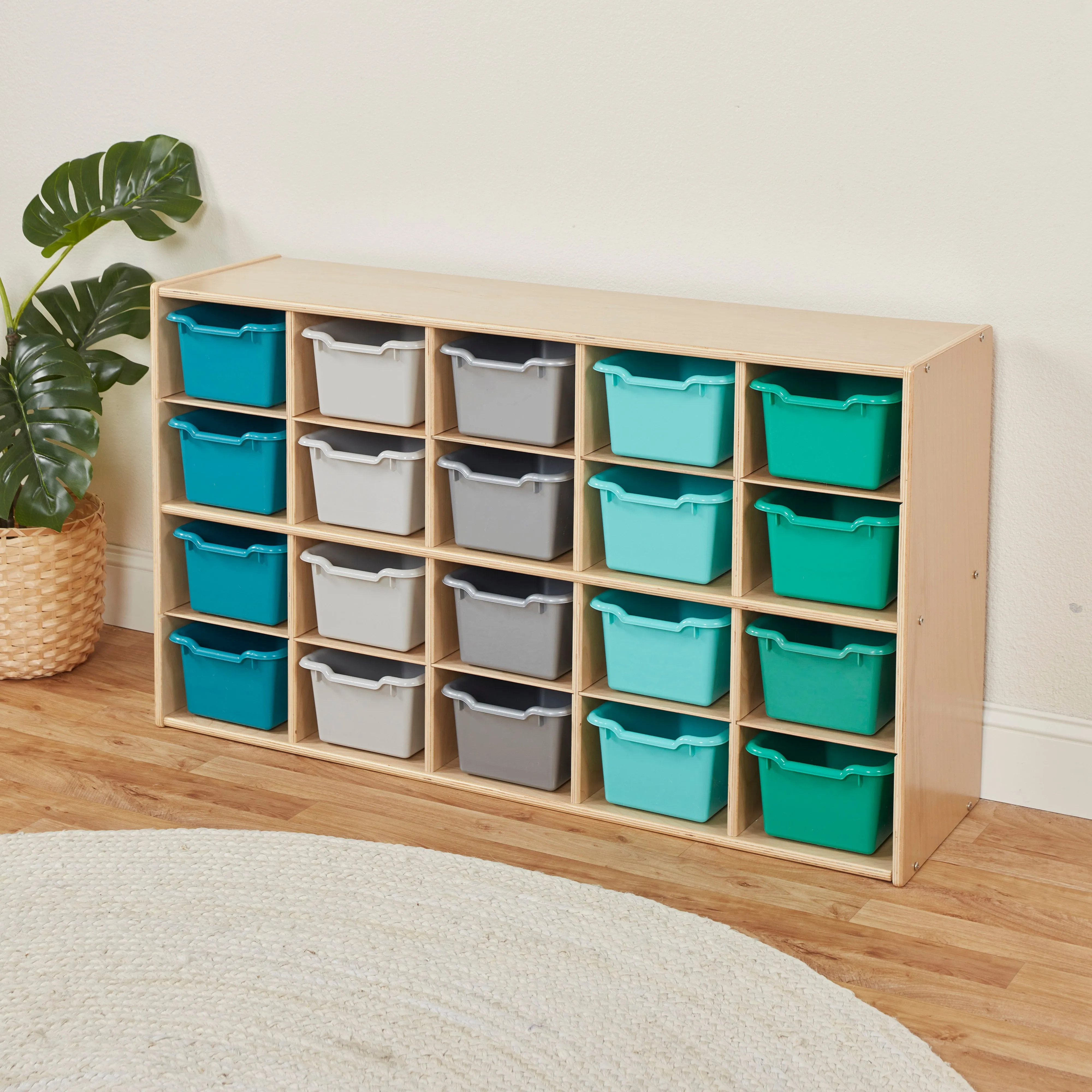 Streamline 20 Cubby Tray Storage Cabinet with Scoop Front Storage Bins, 4x5, Classroom Furniture