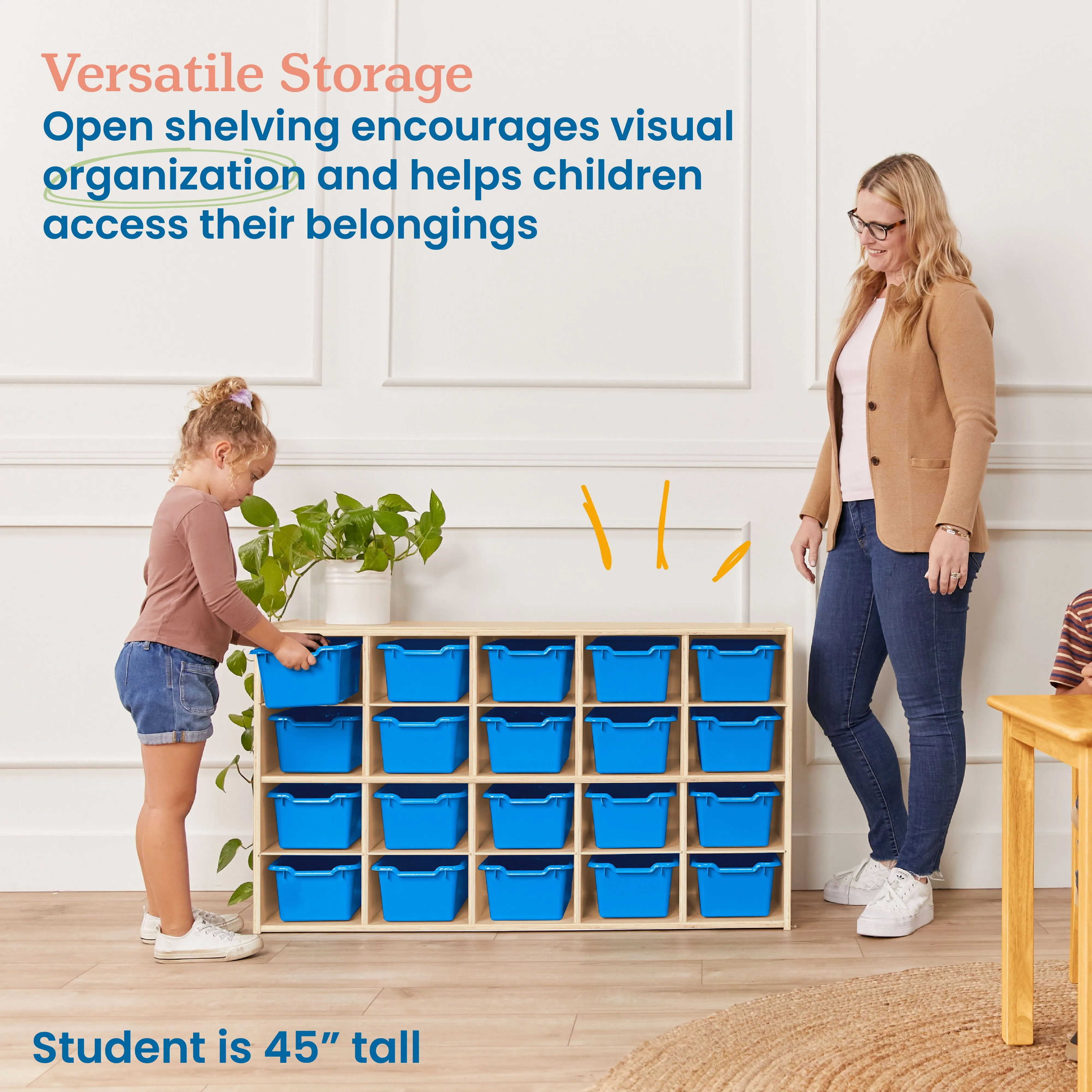 Streamline 20 Cubby Tray Storage Cabinet with Scoop Front Storage Bins, 4x5, Classroom Furniture