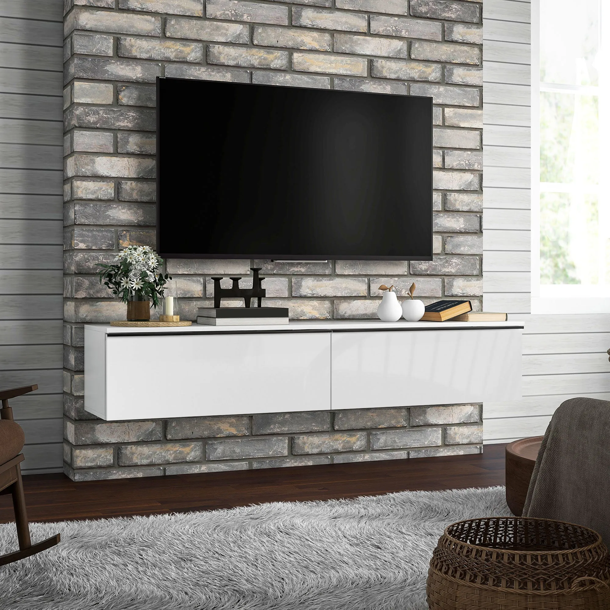 Wall Mounted TV Stand Unit with Storage and High Gloss Effect, White