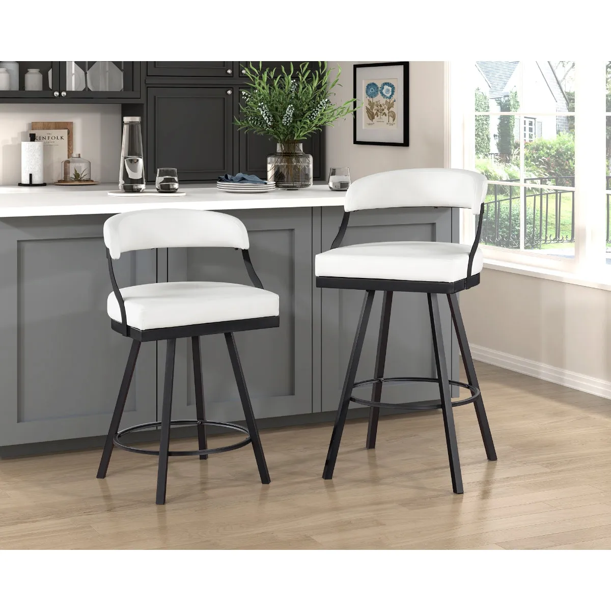 White Swivel Counter Height Chair - Faux Leather - Set of 2